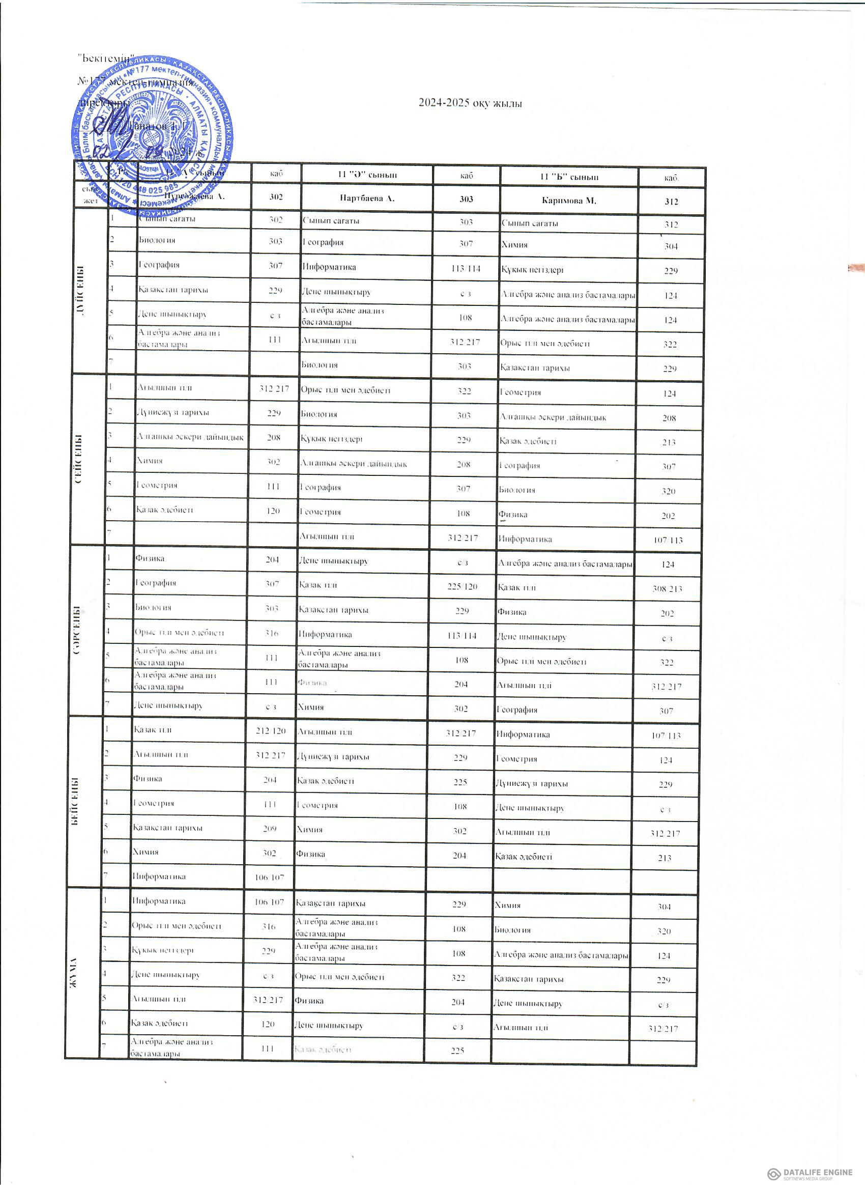 2024-2025 оқу жылының сабақ кестесі І аусым