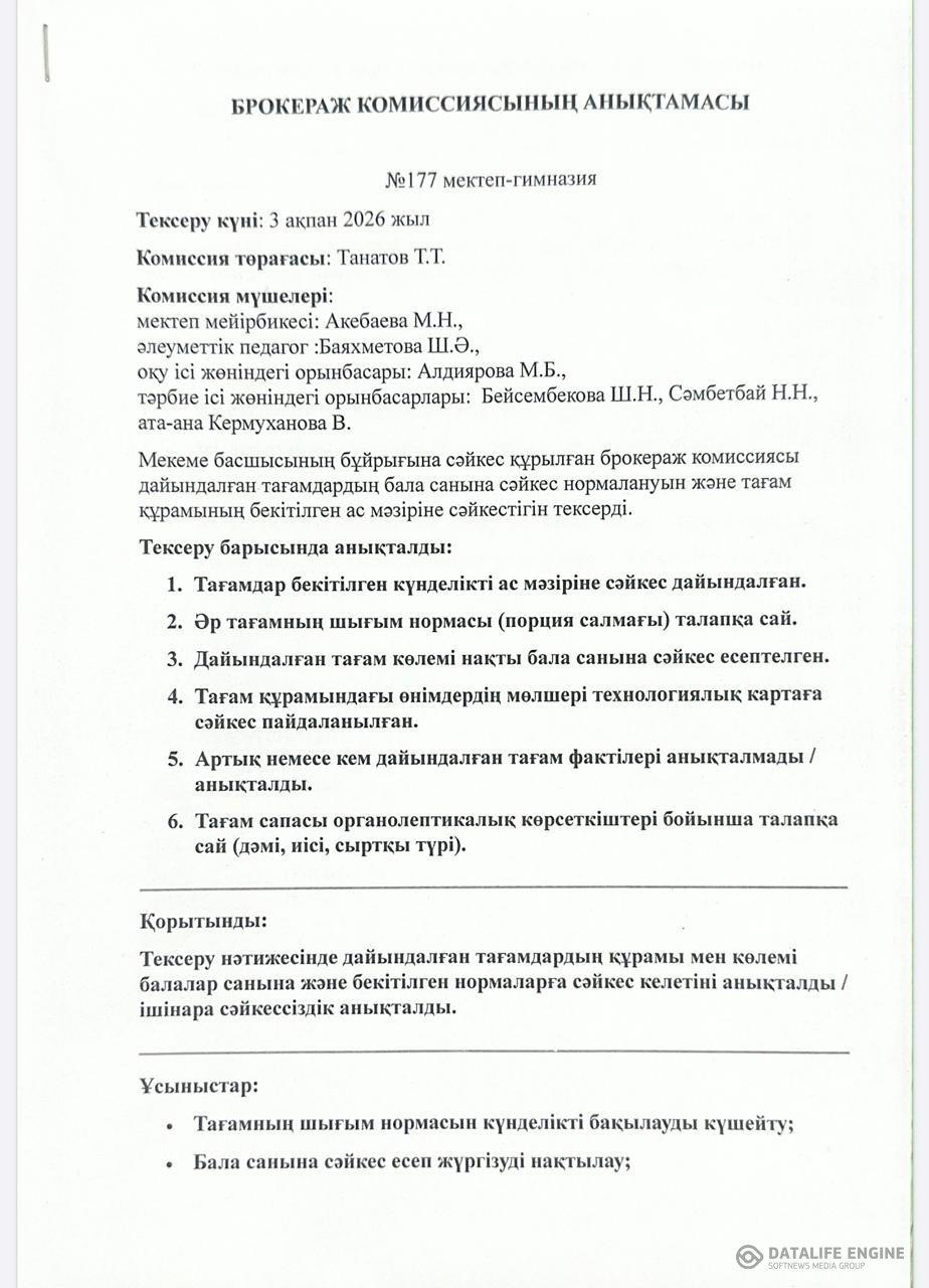 Тамақтану сапасына мониторинг жүрзізу бойынша ай сайынғы анықтамалар, жартыжылдық есебі.